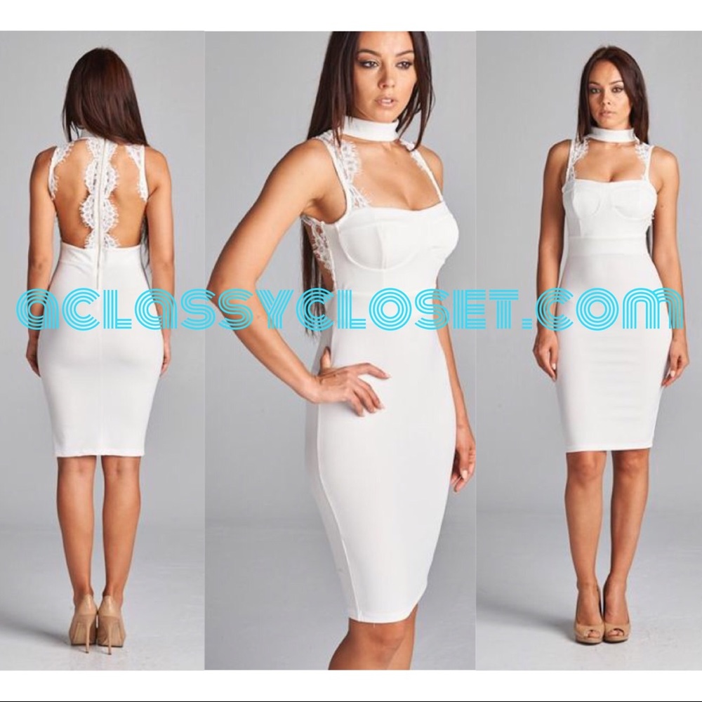 White Mock Neck Bodycon Lace Midi